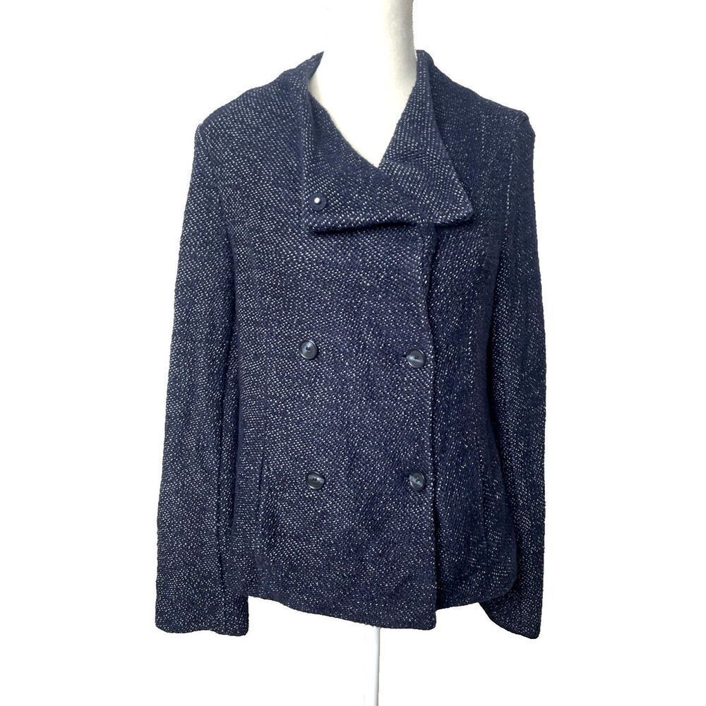 Ann Taylor Loft L Double Breasted Cardigan Blazer Jacket Blue Peacoat